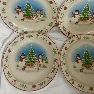 4 Vintage Holiday Stonewear Dinner Plates Snowman Family Christmas Tree Retro